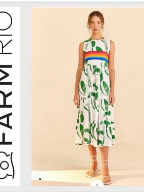 FARM Rio White Maxi Dress with Green Toucan Print and Rainbow Stripe